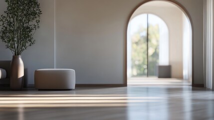 A modern, minimalist interior featuring a plant and natural lighting.