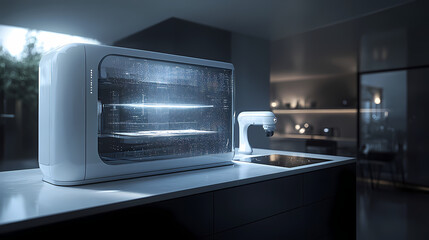 Obraz premium A futuristic 3D kitchen scene featuring smart