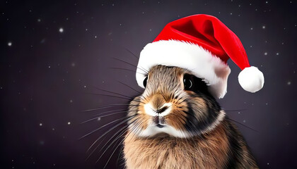 rabbit with red Christmas hat, animals under the Christmas tree, concept of giving animals as a gift at Christmas