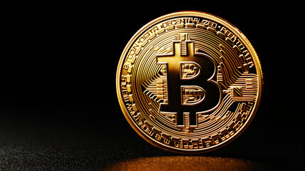 Golden Bitcoin on a dark background, representing cryptocurrency and finance.