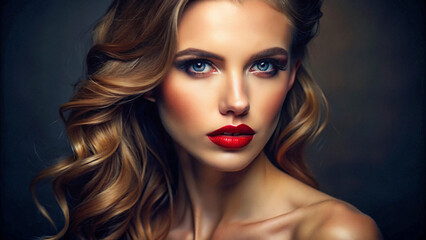 Fototapeta premium red lipstick and glamour with a woman in a studio for cosmetics, makeup and cosmetology. Foundation and product with a woman on the background