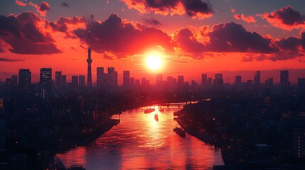 Dramatic sunset over a cityscape with a river in the foreground.