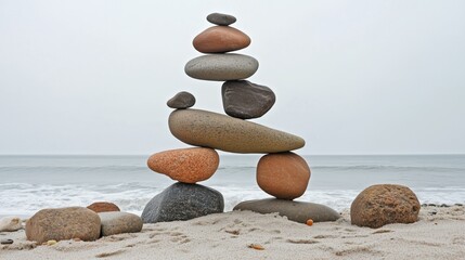 Serene Beach with Balanced Stone Stack Amidst Ocean Waves and Calm Skyline