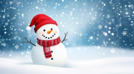Obraz premium Adorable Snowman With Red Hat and Scarf in a Magical Snowy Winter Wonderland Surrounded by Falling Snowflakes