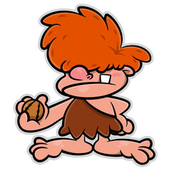 Little Caveman cartoon characters wearing leather clothes and playing a ball. Best for sticker, logo, and mascot with prehistoric themes for kids