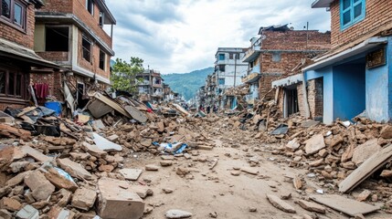 Earthquake aftershocks causing further damage to already weakened structures in a city