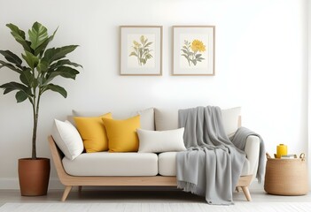 A cozy living room with a beige sofa, gray throw blankets, and yellow accent pillows. The walls are decorated with framed botanical prints.