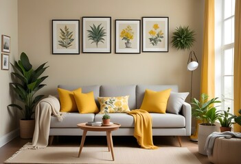 Fototapeta premium A cozy living room with a beige sofa, gray throw blankets, and yellow accent pillows. The walls are decorated with framed botanical prints.
