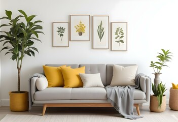 A cozy living room with a beige sofa, gray throw blankets, and yellow accent pillows. The walls are decorated with framed botanical prints.