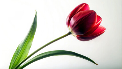 Fototapeta premium Vibrant red tulip is depicted in striking detail against a soft,light background.Graceful curve of the stem alongside the elegant green leaves adds a sense of serenity and beauty,with copy space.AI ge