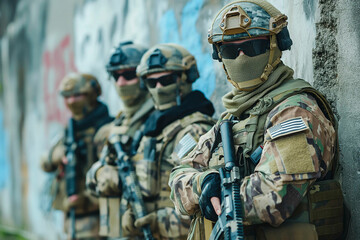 Obraz premium Special forces men in camouflage uniforms. Military concept.
