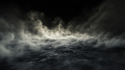 Thick black ground fog spreading across the floor, creating a haunting and eerie atmosphere in the night with misty swirls of smoke.