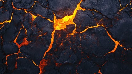 Top view of a glowing lava surface, cracks revealing molten orange heat, blackened cooled lava surrounding fiery gaps. Intense abstract volcanic texture.