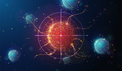Abstract illustration of targeting cancer cell made of glowing neon particles. Blue geometric background depicting cancer cell screening and disease treatment medical concept