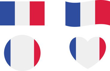 France flags set. various designs. Circle icon. waving flag. heart shape icon. Vector set