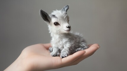 Fototapeta premium Adorable Baby Goat Resting in a Gentle Hand Captures the Essence of Cuteness and Tenderness in a Heartwarming Scene