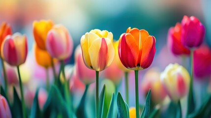 Vibrant tulip field background with fresh spring vibes for International Women Day or Mother Day celebration, floral beauty with copy space