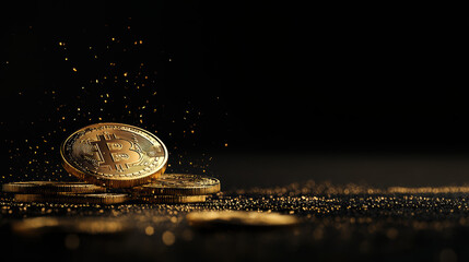 Gold bitcoin coins on a dark surface with sparkling dust.