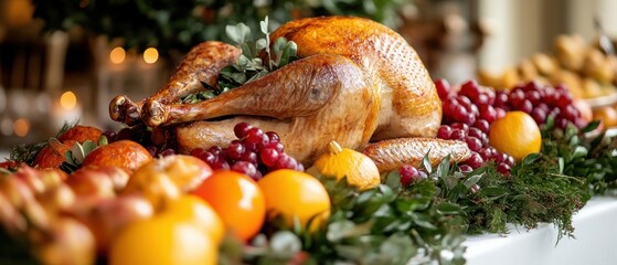 Traditional Holiday Feast with Roasted Turkey and Fresh Fruits.