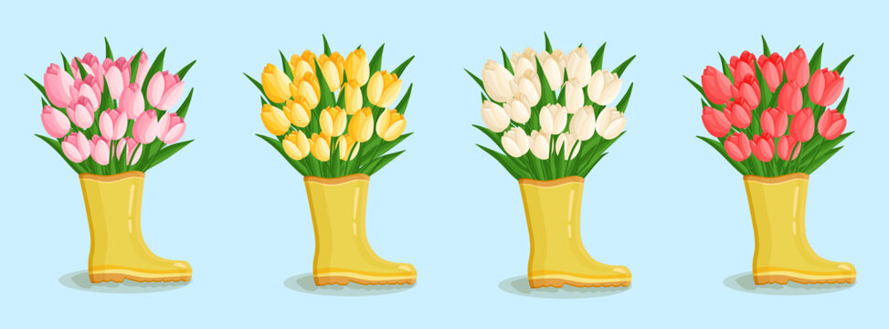 Spring bouquets with tulips in a rubber boot. Floral plants with bright flowers. Botanical vector illustration on isolated background for women's day, mother's day, easter and other holidays.