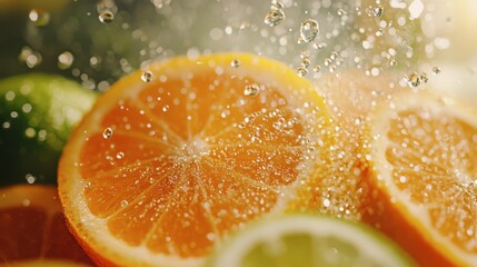 Citrus Splendor, vibrant citrus fruits sliced open, juice droplets glistening, warm earthy tones embracing the fresh morning ambiance