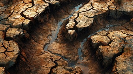 Erosion by rainwater creating winding ravines in a dry, cracked landscape