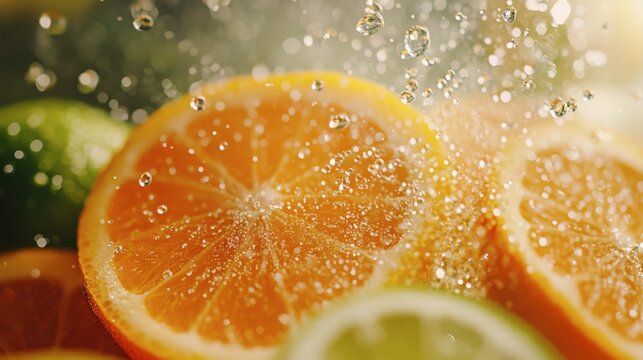 Citrus Splendor, vibrant citrus fruits sliced open, juice droplets glistening, warm earthy tones embracing the fresh morning ambiance