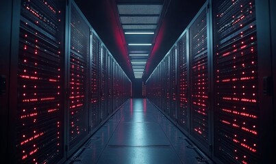 Data Technology Center Server Racks in Dark Room with VFX. Detailed Visualization Concept of Internet of Things, Data Flow, Digitalization of Online Traffic. High Tech Information Storage