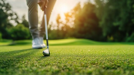 A golfer preparing to take a shot on a lush green course during sunset.