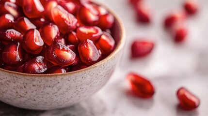 Pomegranate Seeds on Marble, vibrant red seeds scattered on a sleek marble surface, exuding freshness and vitality in warm tones