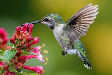 Close-up of a Hummingbird Pollinating Vibrant Red Flowers in a Lush Green Garden