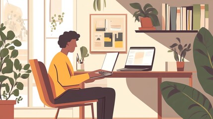 A person sits in a chair at a desk, working on a laptop.