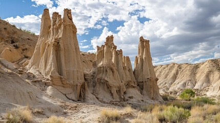 Erosion forming sharp rock spires in a desert, with layers of sediment exposed by wind and water