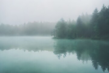 Fototapeta premium Beautiful lake in misty morning. Mountains and clouds are reflected in the calm water surface. dark forest and lake among low clouds. Nature, ecology, eco tourism