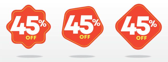 45% off. Special offer label, price, value, sticker. Business, promotion. Sales, store, shop, ads. Discount percentage poster. Red, yellow. Set, icon, vector