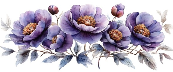 Watercolor painting of a bouquet of purple peonies with leaves.