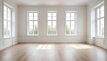 Fototapeta premium Empty white room with wooden floor and large windows letting in natural light.
