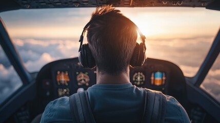 A pilot in headphones views a sunset from the cockpit, surrounded by instrument panels.