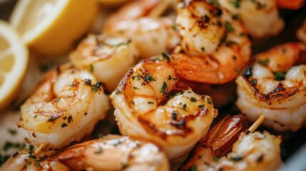 Glistening Grilled Shrimp Skewers, succulent seafood marinated in lemon juice, vibrant colors showcasing a delicious culinary delight