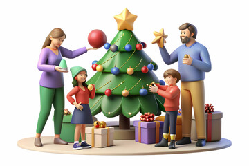 Fototapeta premium Flat Candid Family Joy: Decorating a Christmas Tree at Home � Cozy Indoor Scene with Natural Interactions and Laughter for Winter Holidays and Family Traditions
