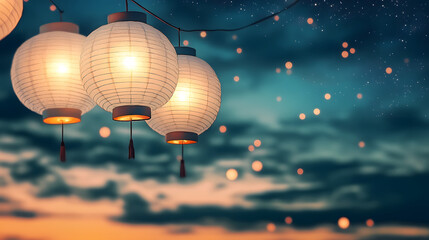 Obraz premium Glowing Paper Lanterns Against a Night Sky - A Festive Celebration