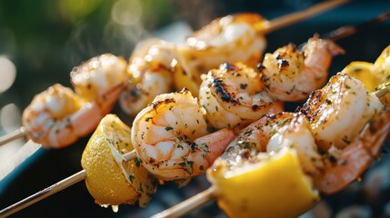 Grilled shrimp skewers glistening with lemon juice, vibrant colors, outdoor ambiance, soft morning light, appetizing close-up display