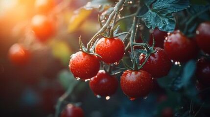 Glistening Cherry Tomatoes on the Vine, Freshly Harvested, Vibrant Red Colors, Dew-Kissed, Warm Organic Tones, Garden Freshness