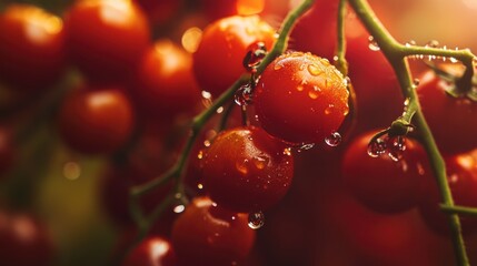 Glistening Cherry Tomatoes on the Vine, fresh harvest, vibrant red hues, adorned with dew, showcasing garden freshness and organic beauty