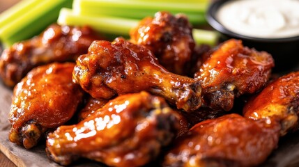 Sizzling Chicken Wings with Spicy Sauce, vibrant colors, juicy texture, accompanied by fresh celery and creamy ranch dip