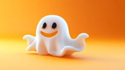 A charming 3D representation of a friendly ghost, designed for Halloween celebrations, set against a bright orange background