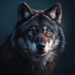 A majestic wolf with striking features on a dark background.