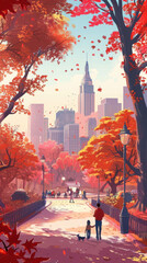 4K Fantasy Cityscape: Serene New York Park, Joyful People, Kids Playing, Autumn Leaves in Vibrant Colors, Anime-Style Cozy Vibe, Detailed Anime Art Wallpaper