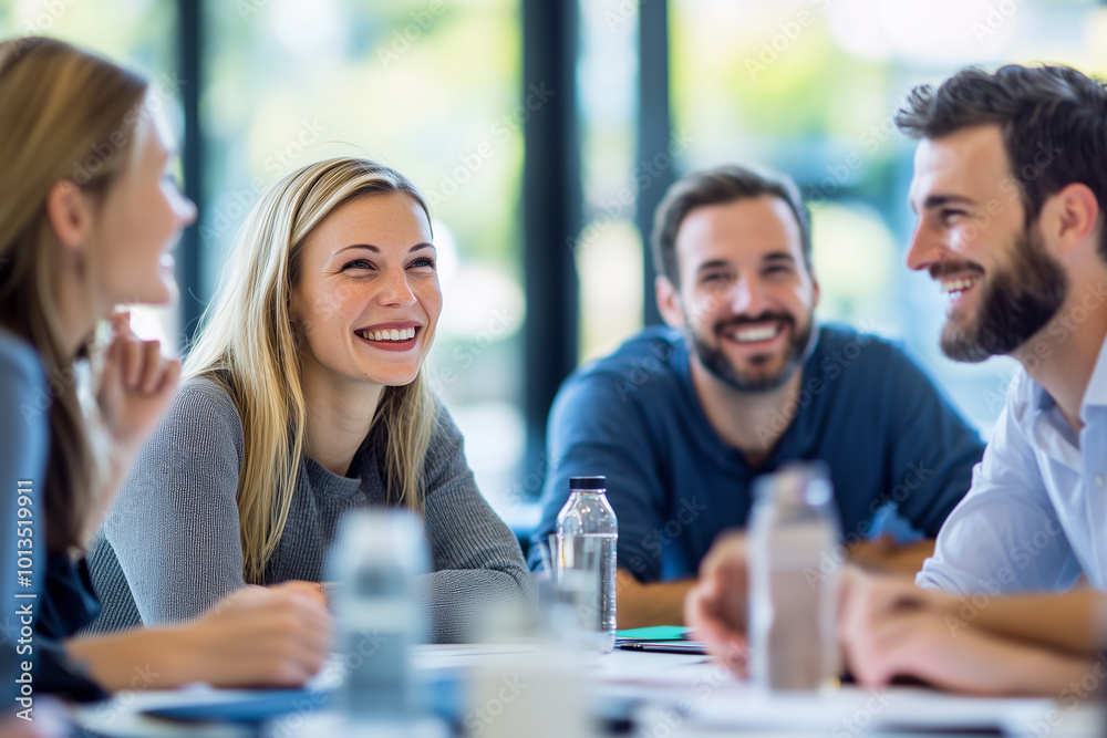 Wall mural group of colleagues engaging in a discussion during a business meeting in a conference room. happy b