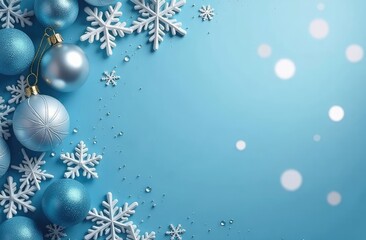 Top view of the blue background with snowflakes and Christmas decorations scattered in the upper left corner, space for text on the right hand side